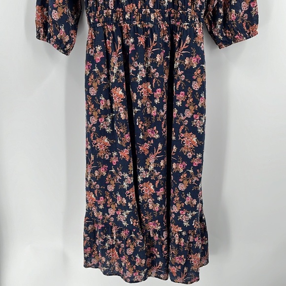 Frye Autumn Bouquet Navy Blue Floral Midi Dress Western Tiered Ruffle Peasant M - Picture 4 of 11